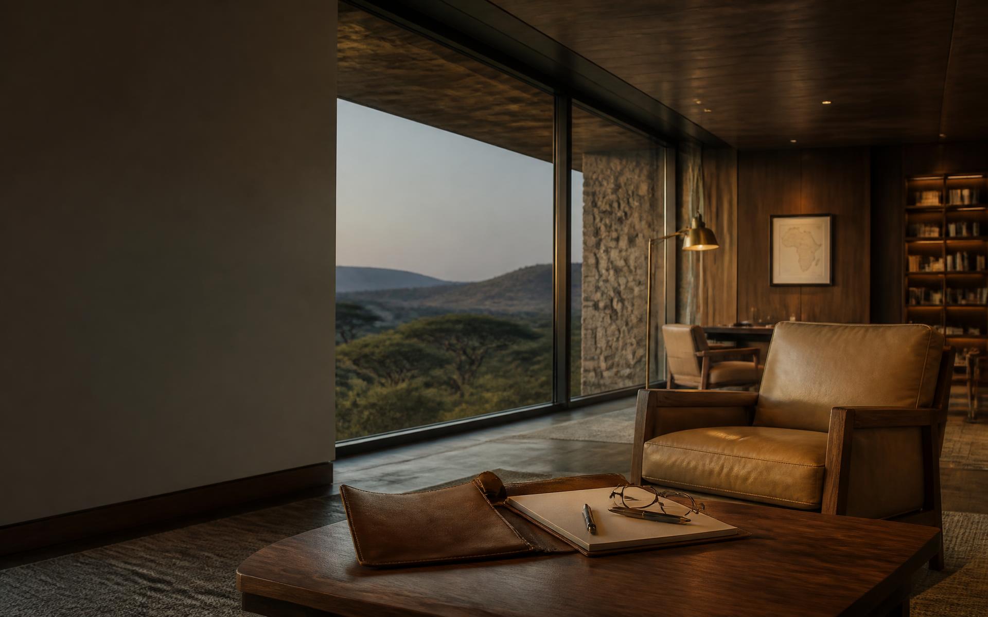 Private executive library lounge in stone and timber overlooking a landscape at dusk