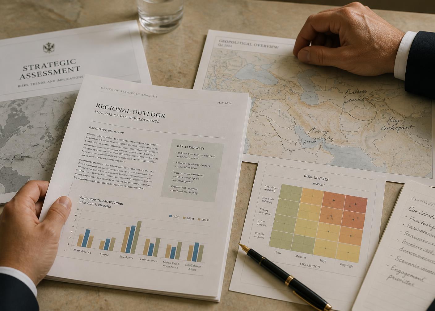 Executive research documents, regional analysis and annotated maps on a table